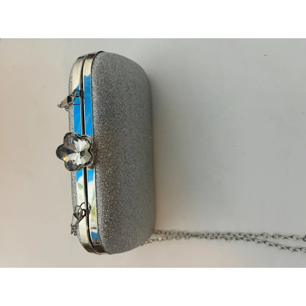 Silver Glitter Evening Clutch Bag Flower Crystal Clasp Chain Strap Formal Purse‎